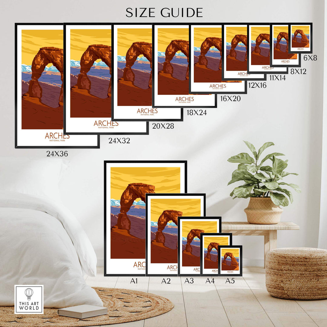 Size guide for Arches National Park Poster Print showcasing various frame sizes and designs.