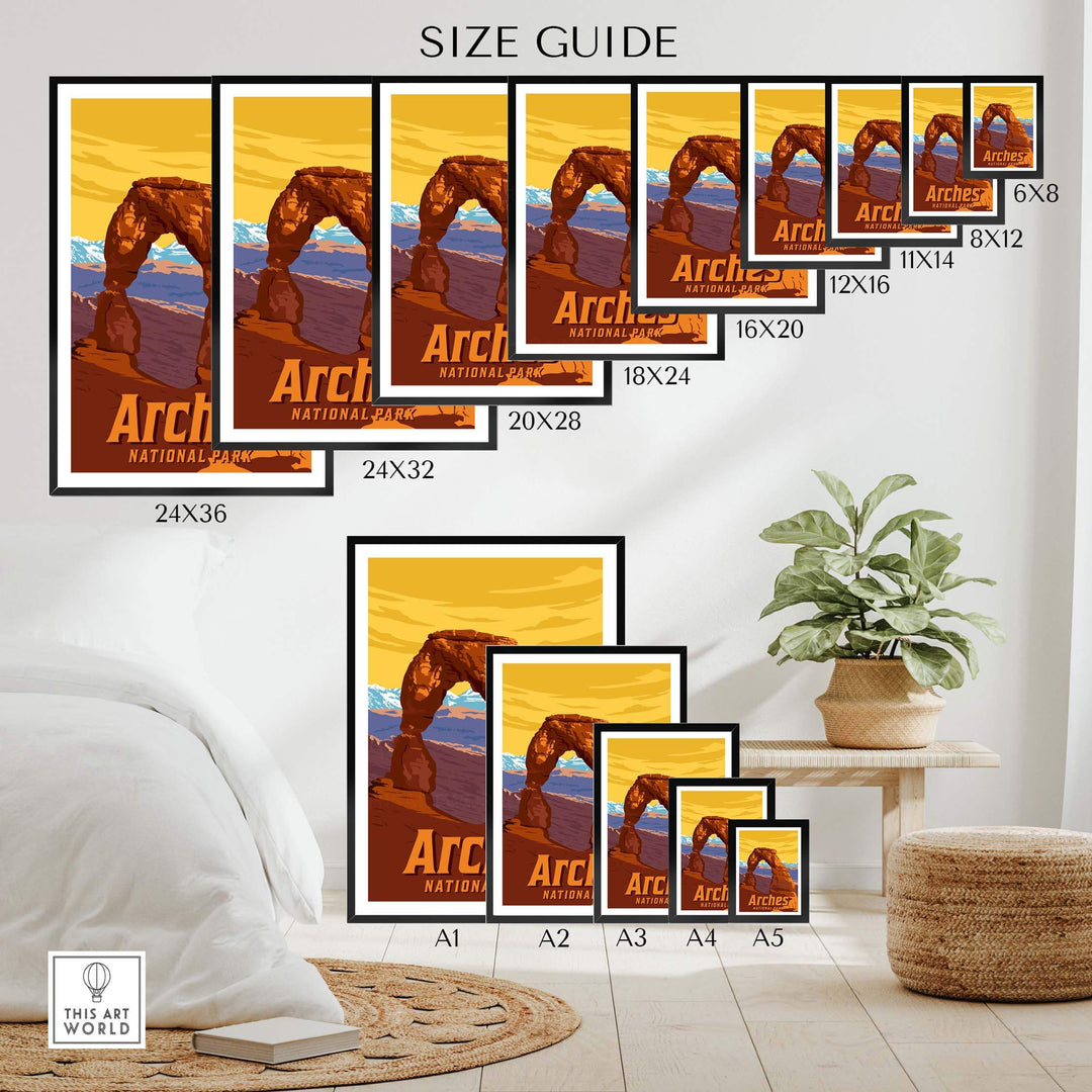 Size guide for Arches National Park Print showcasing various frame sizes and designs in a stylish interior setting.