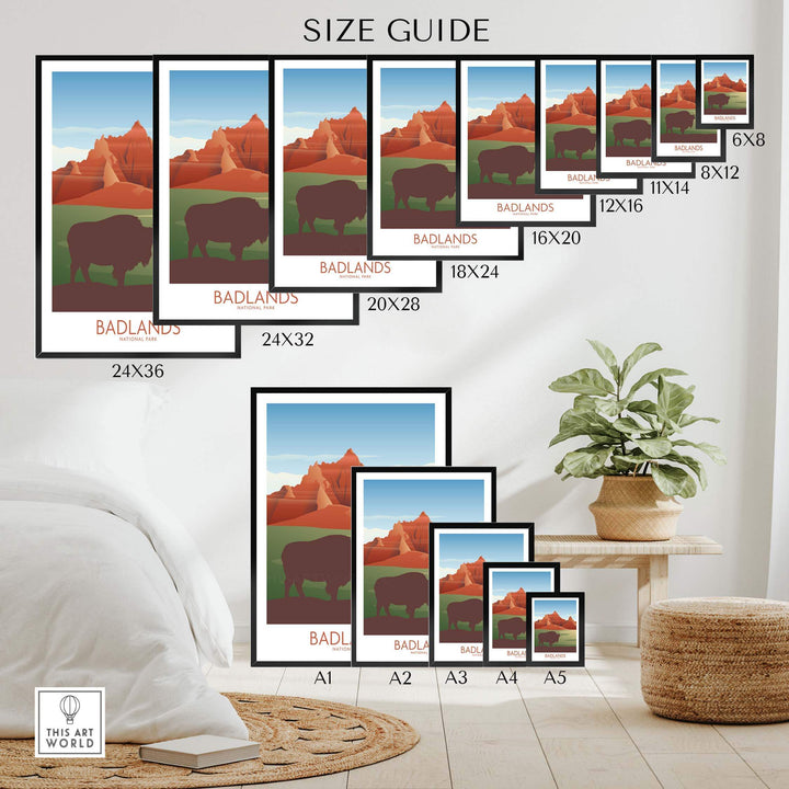 Size guide for Badlands National Park Art Print in various frame sizes and styles.