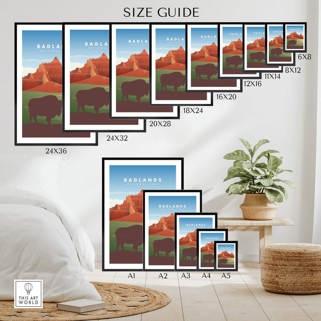 Size guide for Badlands National Park art prints featuring various framed and unframed sizes.