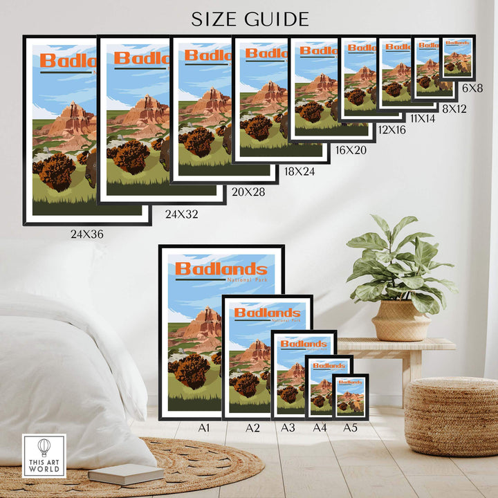 Size guide for Badlands National Park poster prints in various dimensions displayed in a stylish home setting.