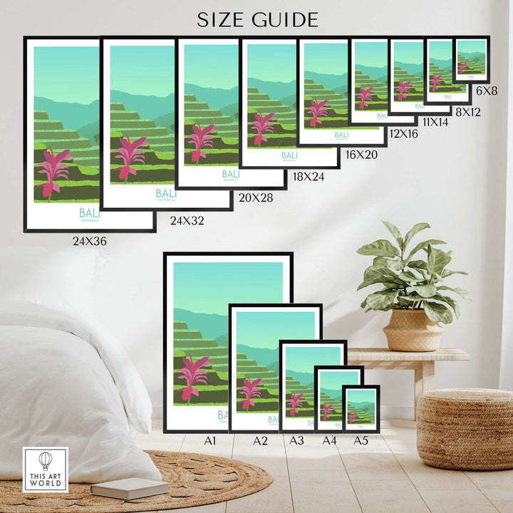 Bali Print size guide showcasing various frame sizes for travel wall art inspired by Bali.