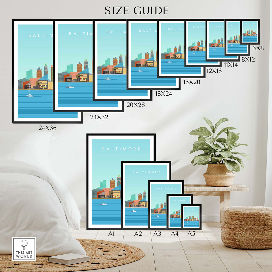 Size guide for Baltimore Maryland Print showcasing various frame dimensions and design details.