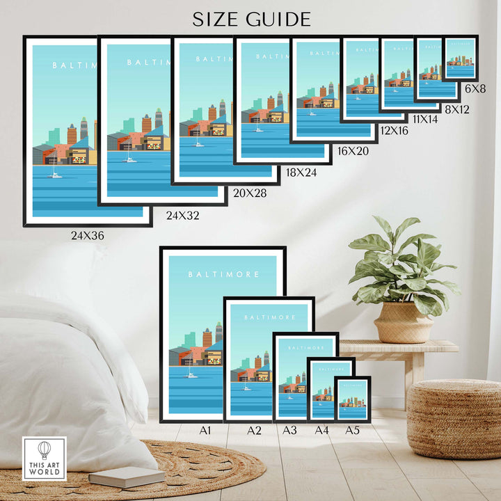 Size guide for Baltimore Maryland Print showcasing various frame dimensions and design details.