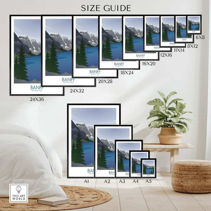 Size guide for Banff National Park art print showcasing various frame sizes on a stylish wall.