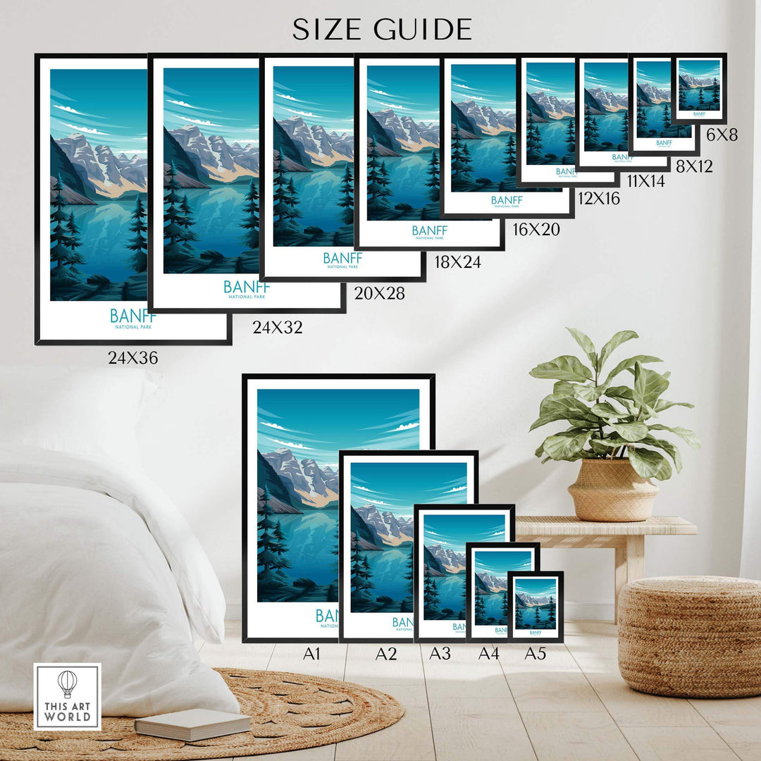Size guide showcasing various sizes of Banff National Park prints displayed in a modern room setting.