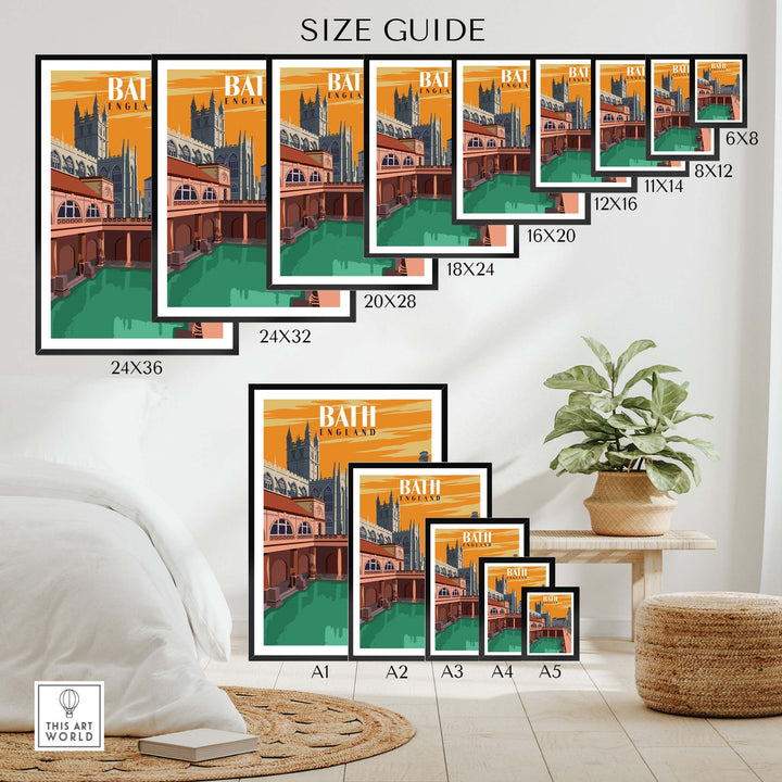 Size guide for Bath England Print Wall Art showcasing various framed and unframed sizes in a stylish setting.