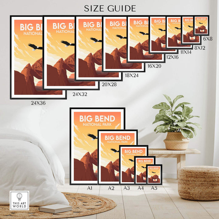 Size guide for Big Bend National Park poster showcasing various framed and unframed print sizes.