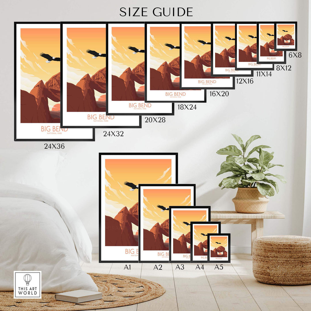 Size guide for Big Bend National Park poster art prints displayed in various frame sizes on a stylish interior wall.