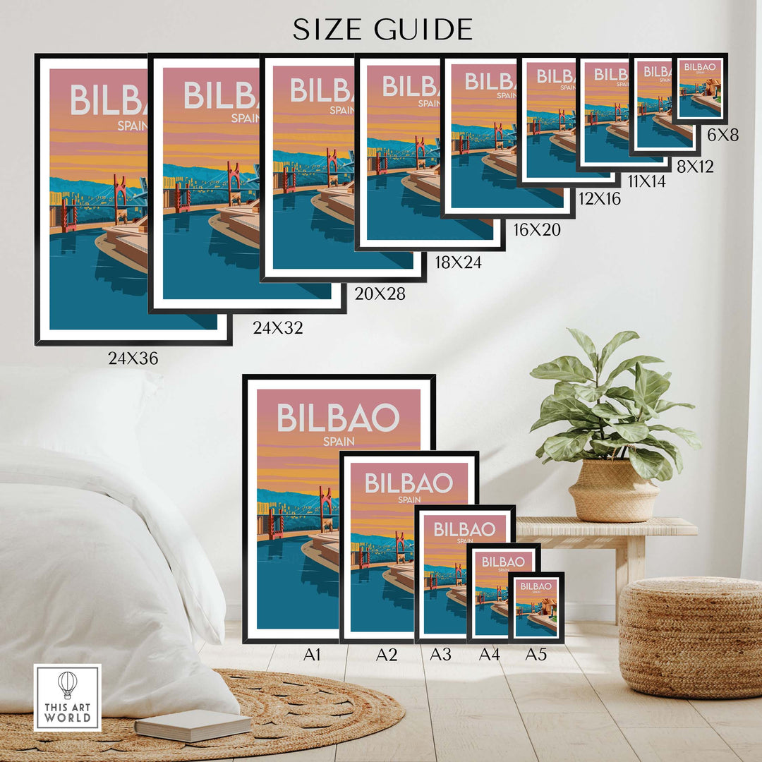Size guide for Bilbao Spain Art Print showcasing various frame sizes in a stylish interior setting.