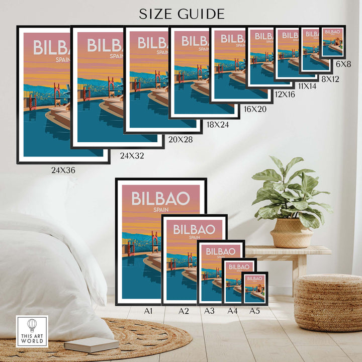 Size guide for Bilbao Spain Art Print showcasing various frame sizes in a stylish interior setting.
