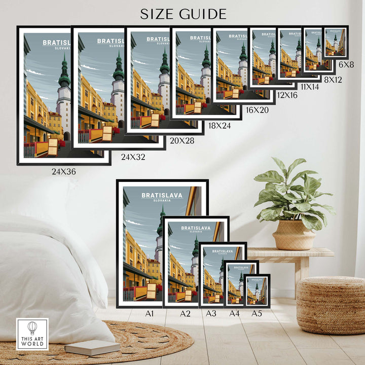 Bratislava Poster Slovakia size guide showcasing various frame dimensions for stylish wall art.