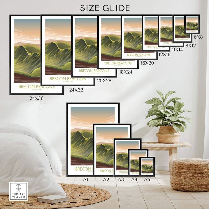 Size guide for Brecon Beacons National Park art print with various frame dimensions displayed in a stylish home setting.