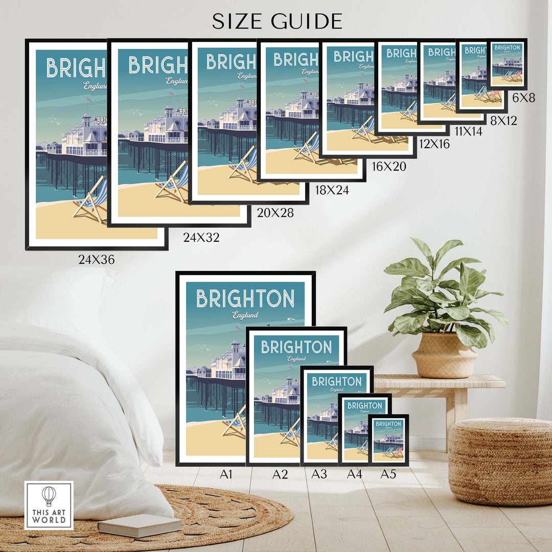 Brighton wall art print size guide showcasing various sizes for home and office decor.