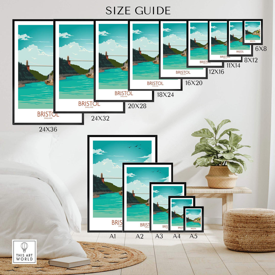 Size guide for Bristol Poster prints, featuring various dimensions and vintage travel poster design.