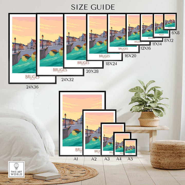 Size guide showcasing various sizes of Bruges Belgium poster prints for home decor.