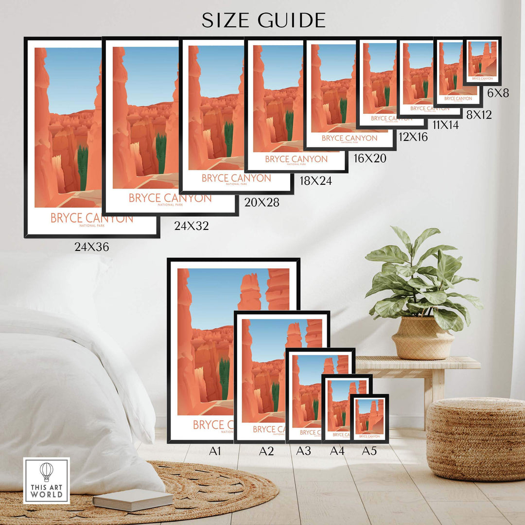Size guide for Bryce Canyon National Park Art Print showcasing various frame sizes for wall art.