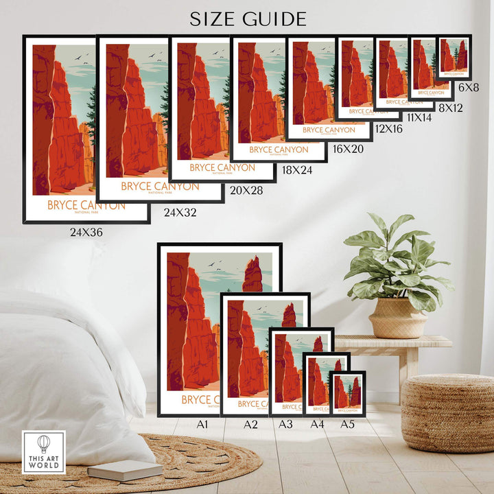 Size guide for Bryce Canyon Poster Print displaying various frame sizes and designs in a home setting.