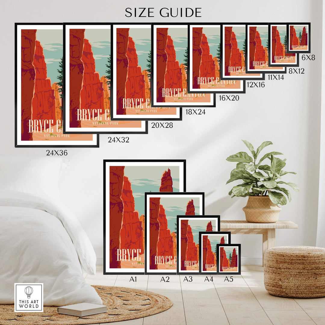 Size guide for Bryce Canyon National Park print showcasing various frame sizes in a stylish home setting.