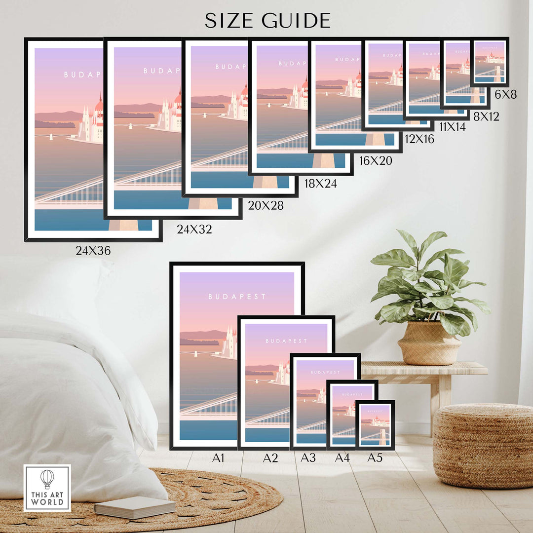 Size guide for Budapest Print Wall Art Poster showcasing different frame sizes for home decor.