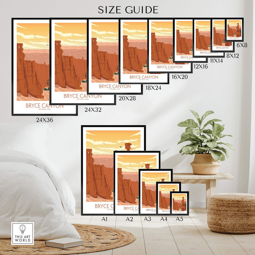 Bryce Canyon National Park poster size guide showcasing various frame sizes and styles for wall art.
