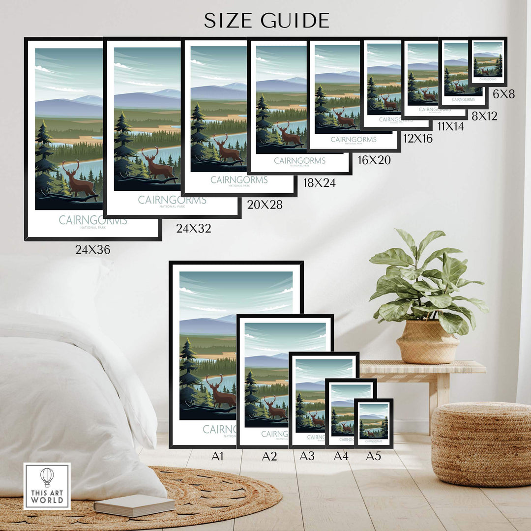 Cairngorms National Park poster size guide with various frame sizes displayed in a stylish setting.