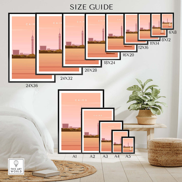 Size guide for Cairo Print Wall Art Poster showcasing various frame sizes and artwork display options.