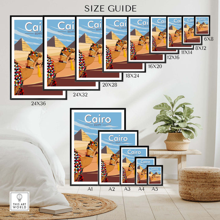 Cairo Wall Art Print size guide showcasing various frame sizes and designs inspired by Egypt.
