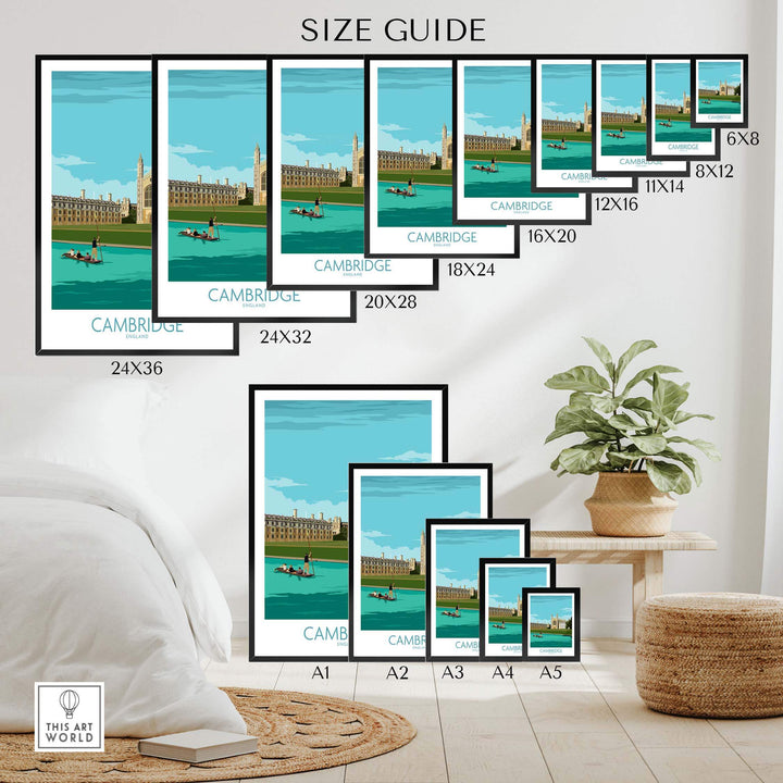 Size guide for Cambridge Print travel art in various dimensions, featuring vintage poster design with King's College.