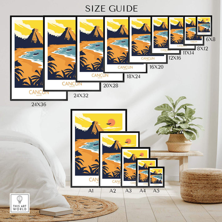 Size guide for Cancun travel poster prints showcasing various frame sizes and designs.