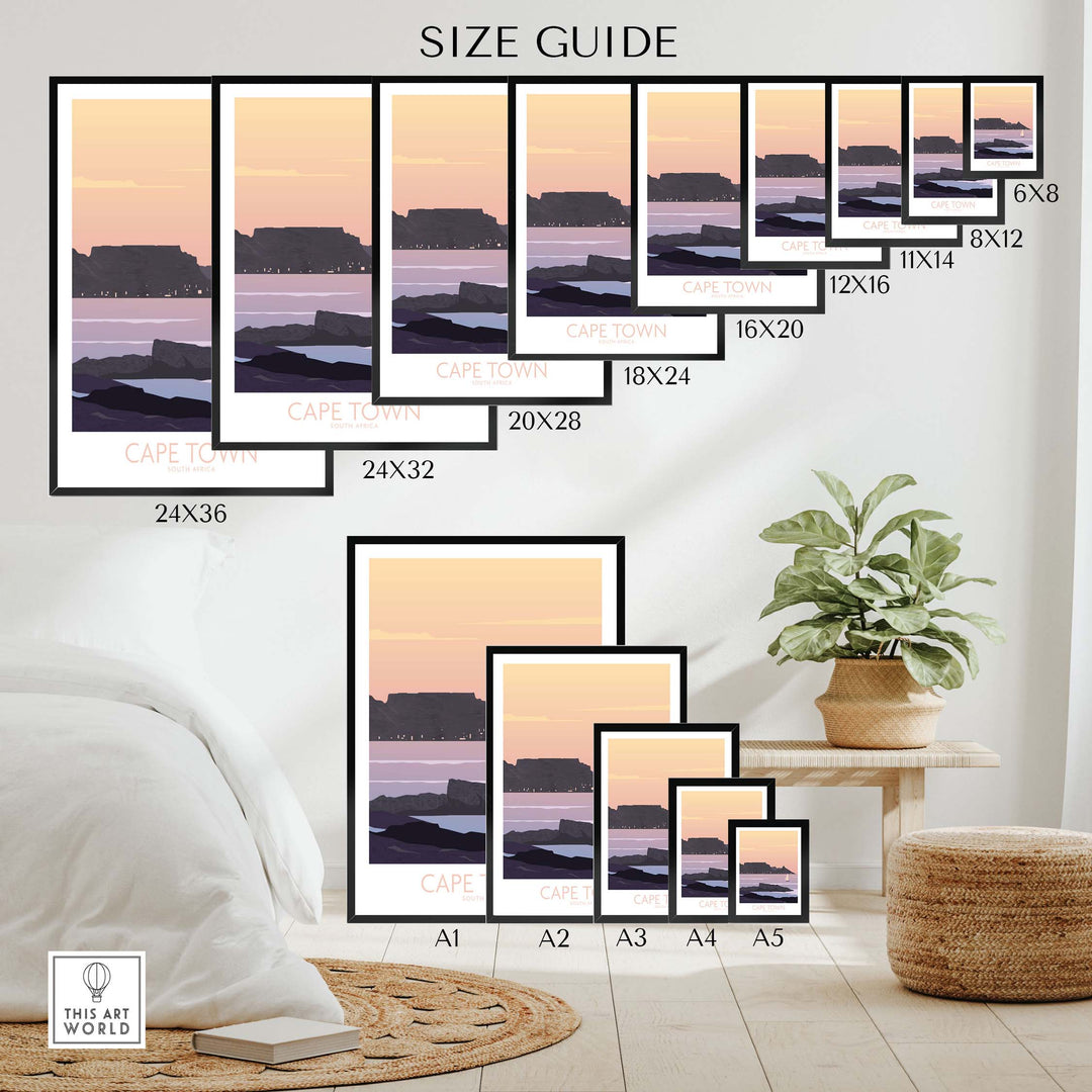 Size guide for Cape Town Poster Print showcasing various frame sizes and wall art options.