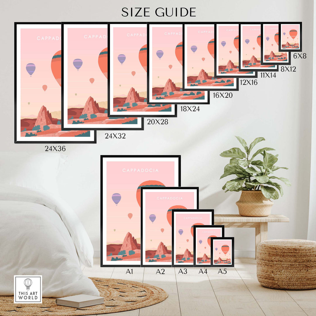 Cappadocia Print Wall Art Size Guide showcasing various frame sizes in a stylish living room setting.