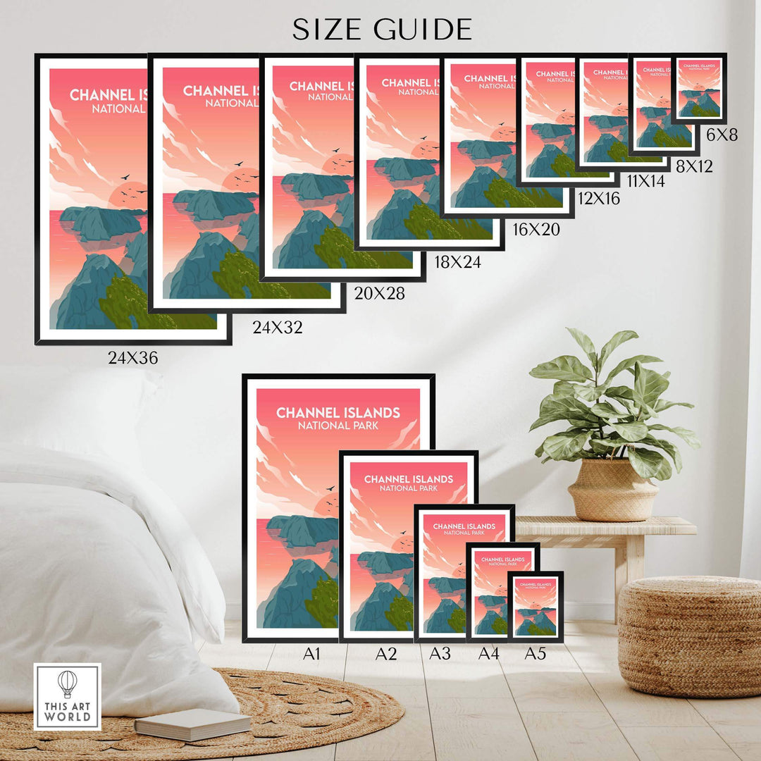 Size guide for Channel Islands National Park poster displaying various framed and unframed print sizes.