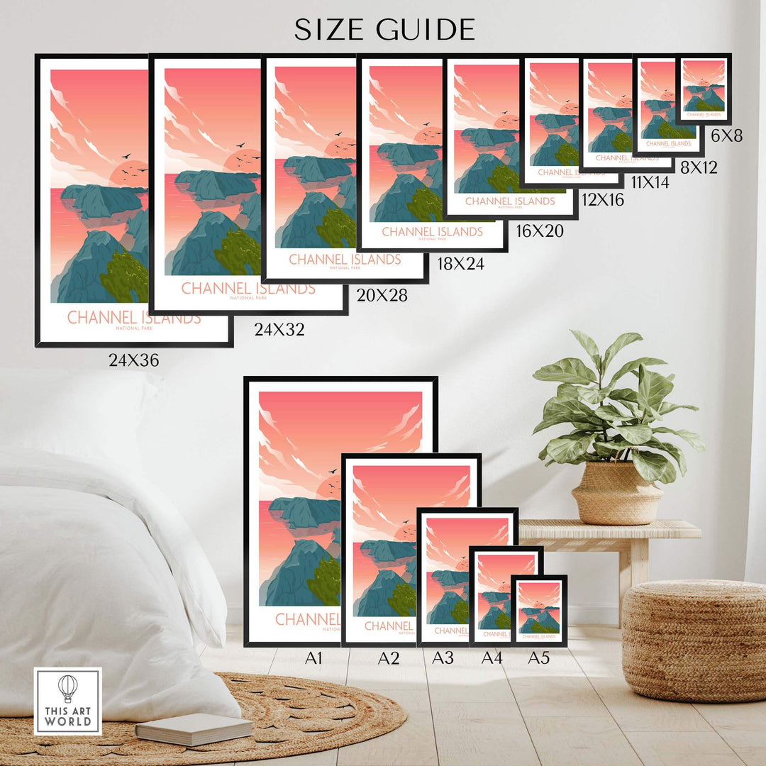 Size guide for Channel Islands National Park poster showcasing various frame sizes and home decor inspiration.