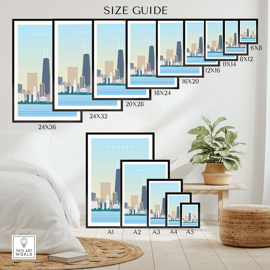 Chicago Print Wall Art size guide showing various frame dimensions against a stylish home setting.