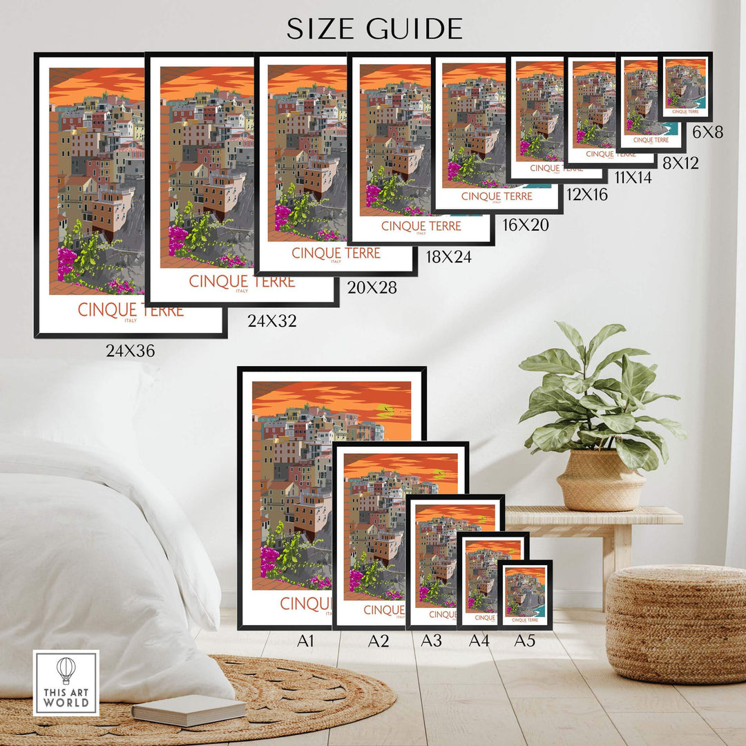Size guide for Cinque Terre Print showing frame options and dimensions for home decor.