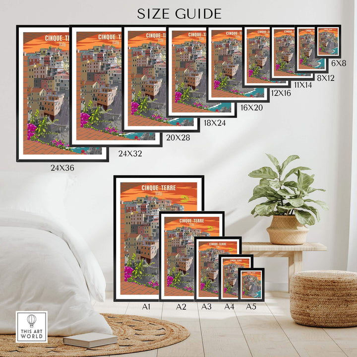 Cinque Terre Italy poster size guide showcasing various frame dimensions and stylish wall art arrangement.
