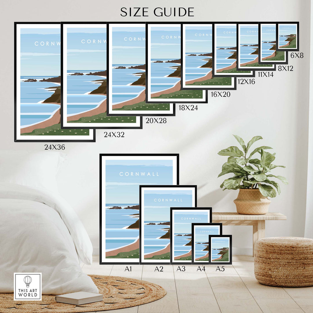 Size guide for Cornwall print wall art posters showcasing various dimensions and styles for home decor.