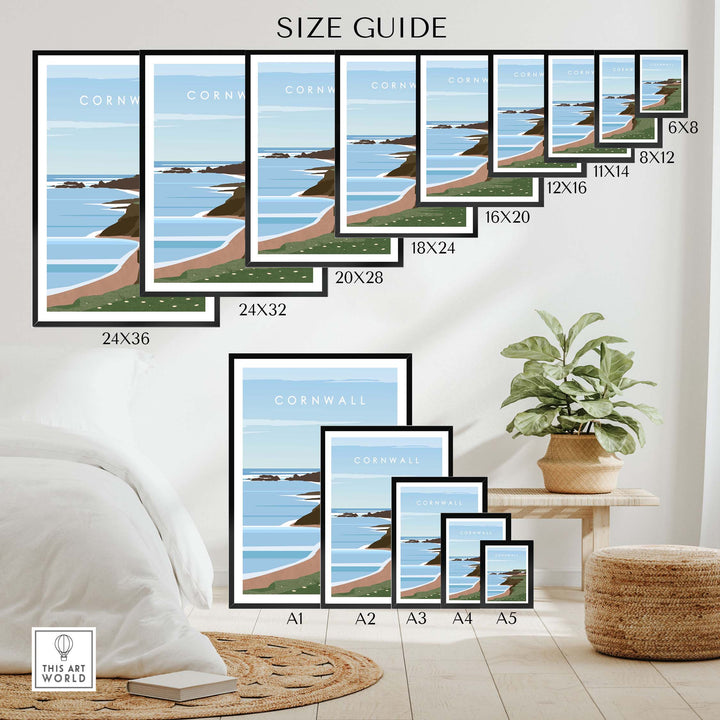 Size guide for Cornwall print wall art posters showcasing various dimensions and styles for home decor.