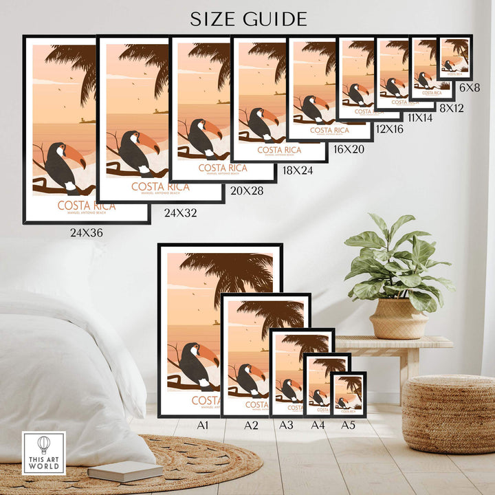 Size guide for Costa Rica Print Poster featuring various dimensions and a tropical design with a toucan.