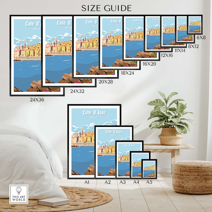 Size guide for Cote d'Azur poster print wall art in various frame sizes on a stylish display.