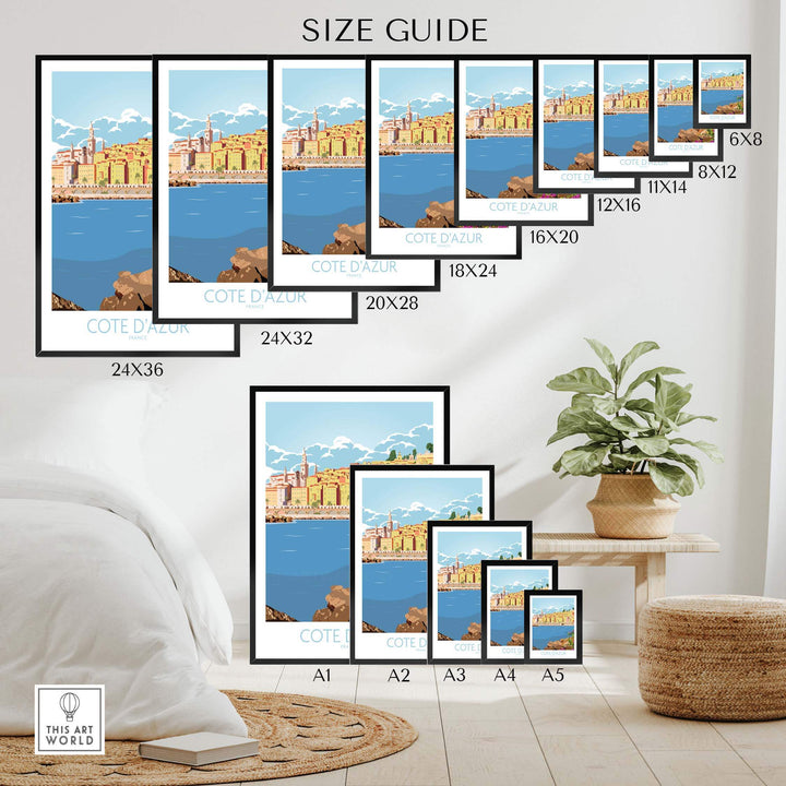 Cote d'Azur Print Poster size guide displayed in a stylish home setting with framed and unframed options.