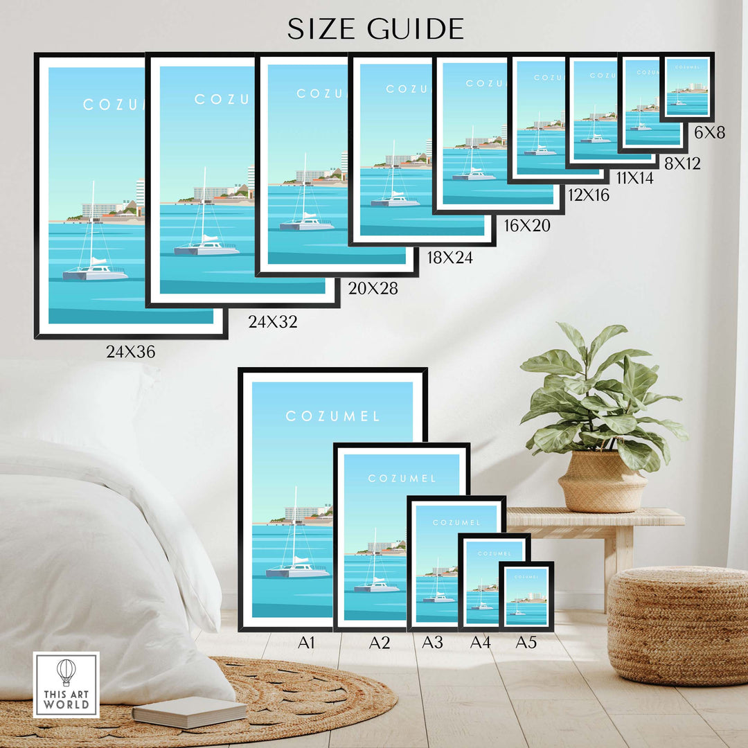 Cozumel art print size guide featuring different framed options for stylish wall decor.