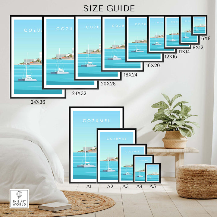 Cozumel art print size guide featuring different framed options for stylish wall decor.