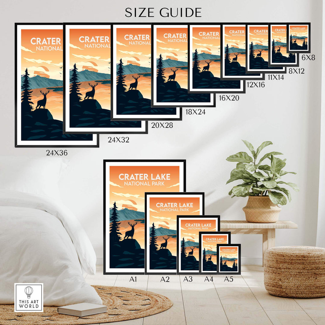 Size guide for Crater Lake National Park poster prints showcasing various frame sizes for wall art.