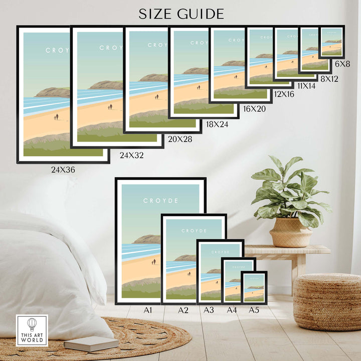 Size guide for Croyde Poster Print Wall Art showing various frame sizes and design options for wall decor.