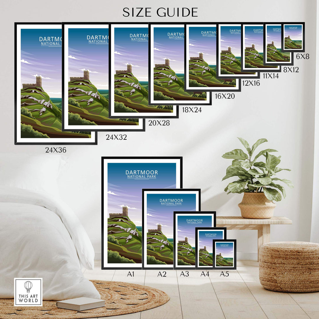 Size guide for Dartmoor National Park poster showing framed and unframed art options in various dimensions.