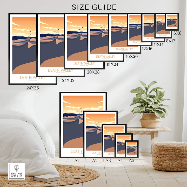 Size guide for Death Valley National Park art prints in various dimensions displayed in a stylish interior.
