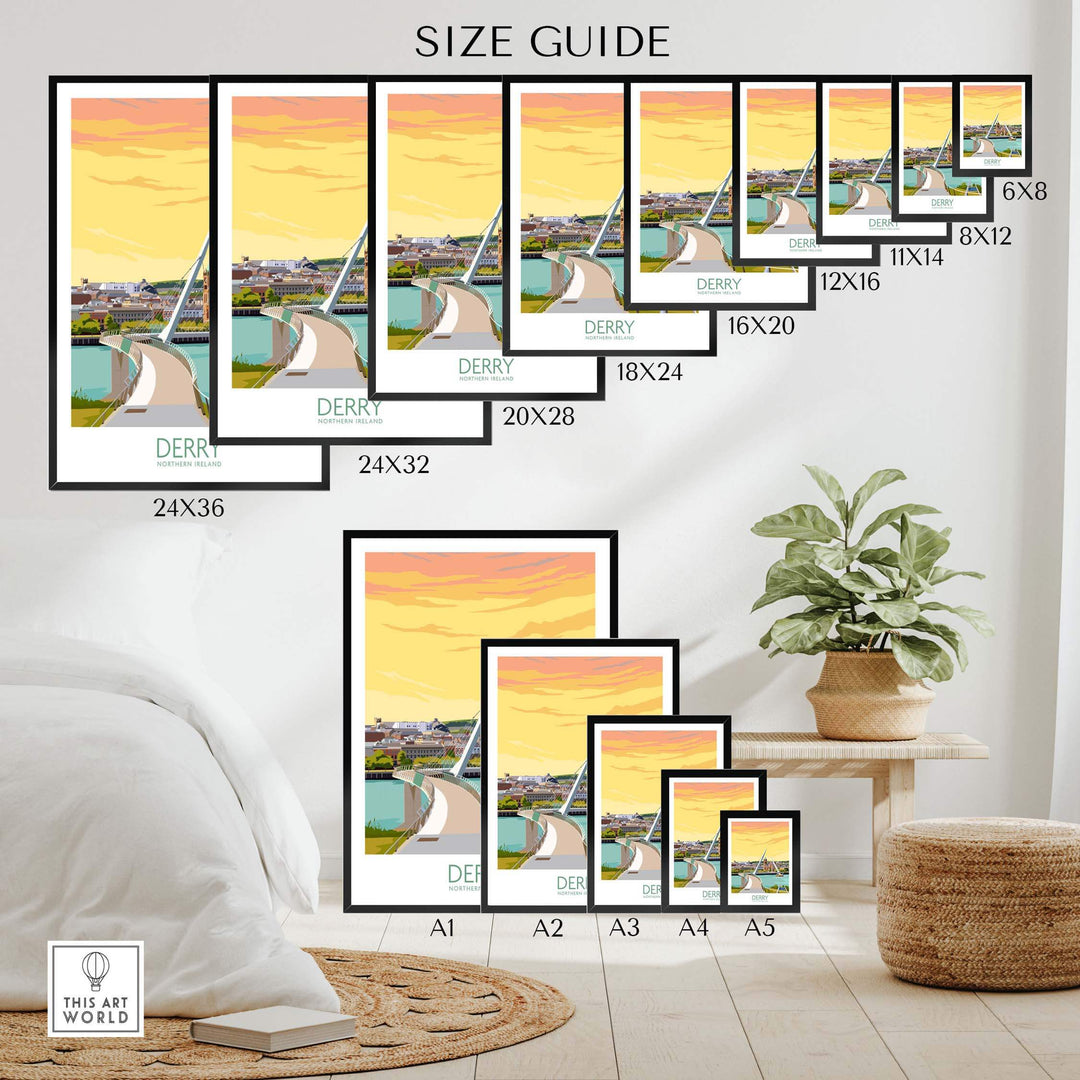 Size guide for Derry Print Northern Ireland poster, showcasing various frame sizes and wall art display options.
