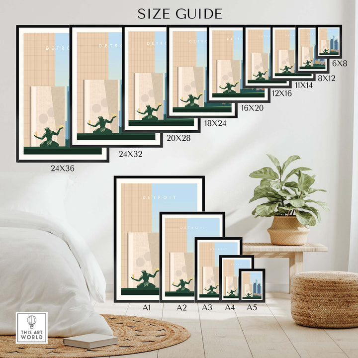 Size guide for Detroit Travel Poster Print showcasing various frame sizes in a stylish room setting.